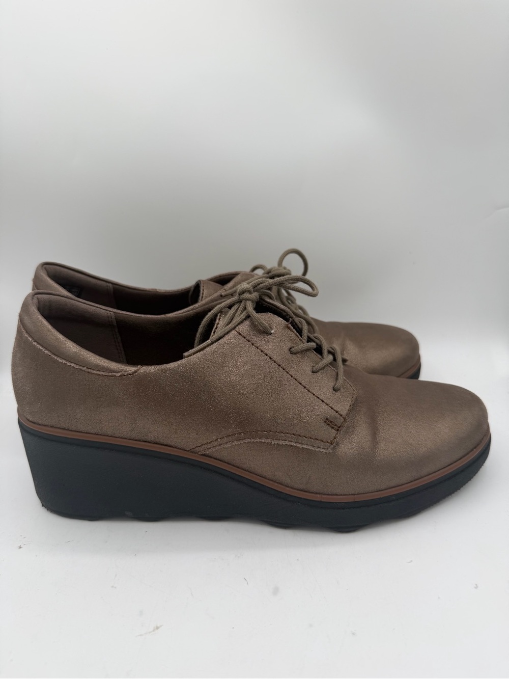 Clarks Women's Shoes Metallic Leather Mazy Hyannis Wedge Oxfords Size 9.5
